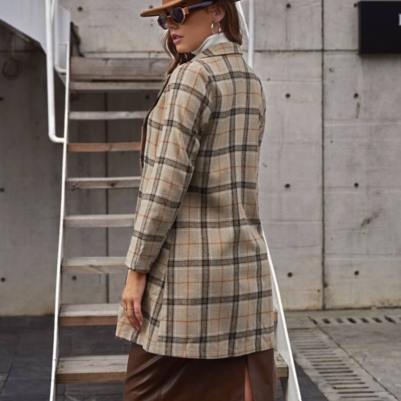 plaid button tan khaki trench pea coat fall - Picture 5 of 6